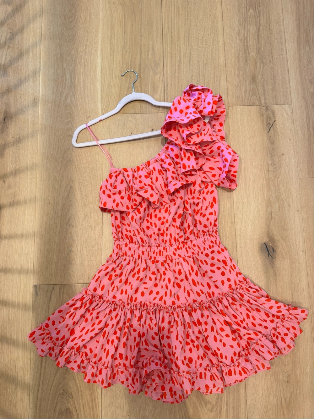 Buddy Love Pink & Red Polka Dot One Shoulder Ruffle Dress